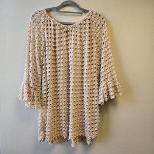 Ali Miles Beachy Vacation Cruise XL Beige Textured Ruffled Sleeve Blouse Open Kn